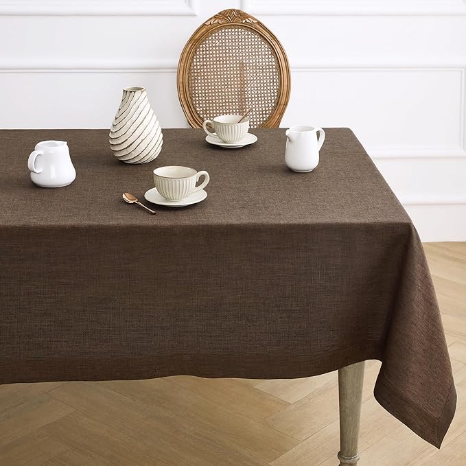 Solino Home Linen Tablecloth 54 x 72 Inch - 100% Pure Linen Chambray Brown Table Cloth for Rectangular Tables - Athena, Machine Washable Cloth Tablecloth for Fall, Autumn, Thanksgiving