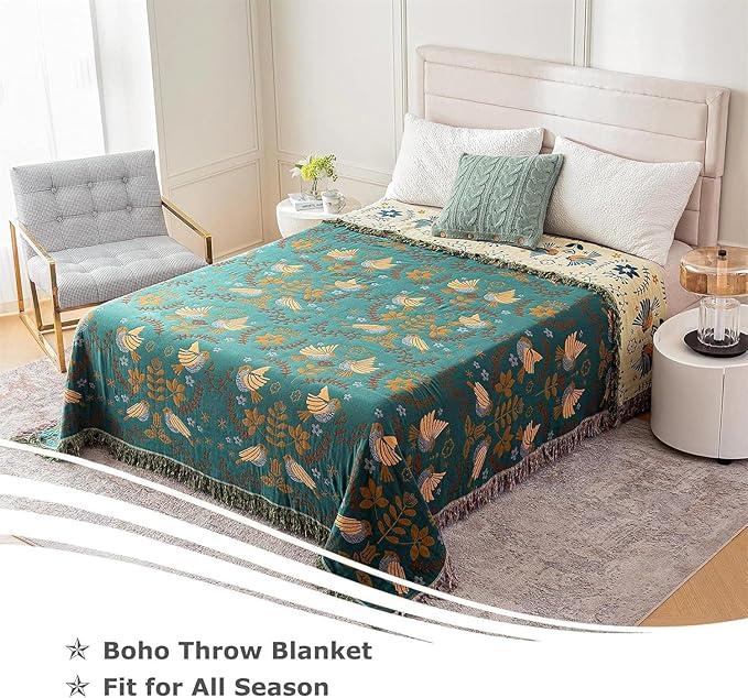 Queen Throw Blanket for Bed 100% Cotton Boho Ultra Soft Quilt Birds and Floral Double Embroidery Fall Queen Bed Blanket Bedspread,90" x 90" All Season Blankets for Bedding Couch