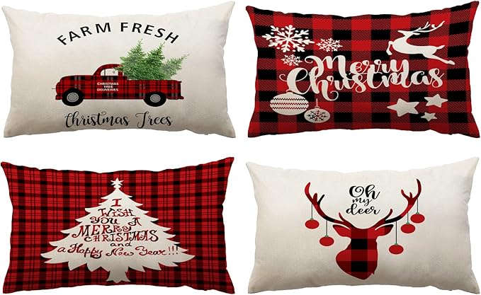 Neatee Living Christmas Pillow Covers 12x20 Set of 4 Red Xmas Vintage Throw Pillows Christmas Tree Deer Snowman Pillow Cases Outdoor Sofa Couch Cushion Covers for Home Decorations (12 by 20)