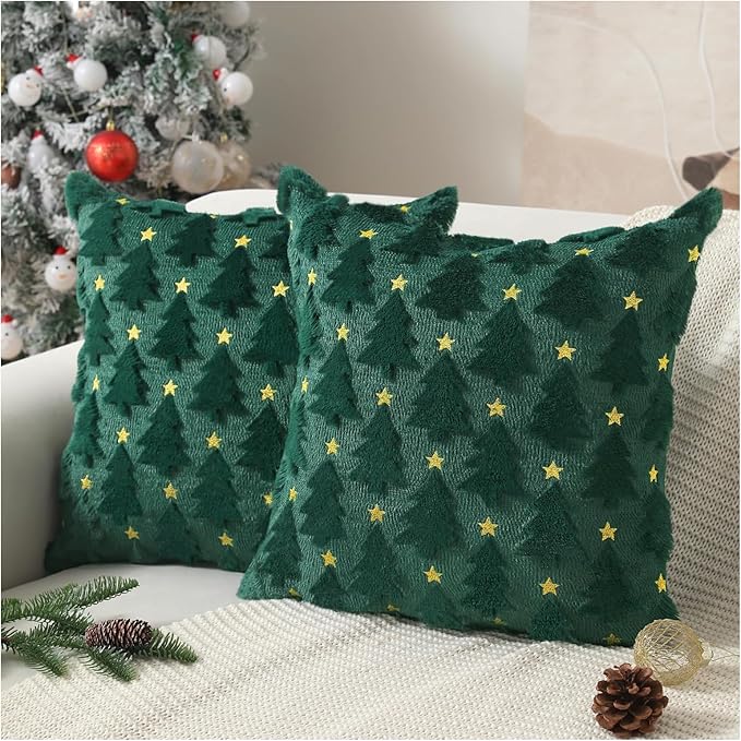 Christmas Throw Pillow Covers Christmas Decorations Set of 2 Xmas Tree 18x18 Pillow Covers Soft Plush Faux Wool Pillow Cases Holiday Winter Decor Sofa Couch Bed