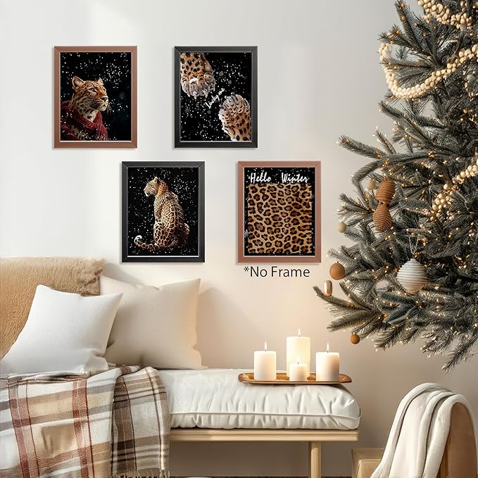 AEHIE Hello Winter blcak Leopard Wall Art Poster Prints for Home Bedroom Living Room Office, Trendy Leopard Poster Print,Winter Funky Lucky Artwork Cheetah Wall Art Unframed 4pcs 8x10inch