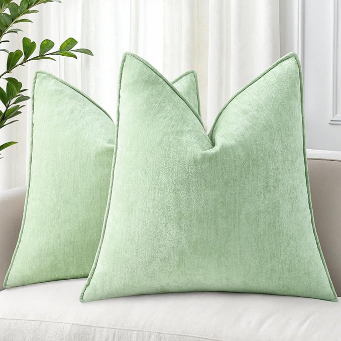 decorUhome Christmas Couch Throw Pillow Covers 24x24 Set of 2, Decorative Soft Euro Velvet Neutral Chenille Pillow Covers with Elegant Design for Sofa Bed Living Room Home Decor, Sage Green