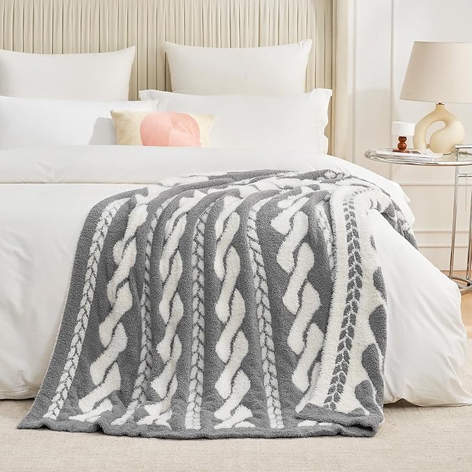 Amélie Home Cable Knit Throw Blanket for Couch, Bicolour Super Soft Fuzzy Blanket for Sofa, Luxury Cozy Fluffy Throw for Room Decor, 50" x 60", Cable Grey & White
