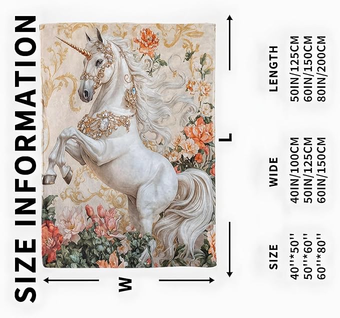 Elegant Unicorn Blanket, Cozy Flannel Gold Jewelry & Floral Throw Blanket, Soft Fuzzy Blankets for Travel Home Decor, All Season Lightweight Couch Bed Cover, Gifts for Women Adults Kids 50"×60"