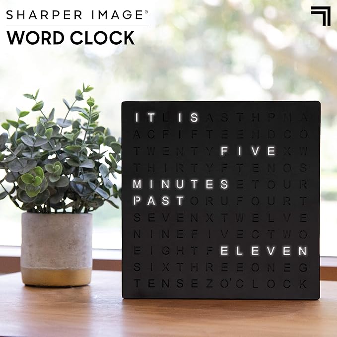 Sharper Image® LED Word Clock – 7.75" Light-Up Digital Clock for Desk & Wall| Modern Time Display Accent Clock| Unique Home Office Décor| Living Room Kitchen Bedroom| Housewarming Gift for Men & Women