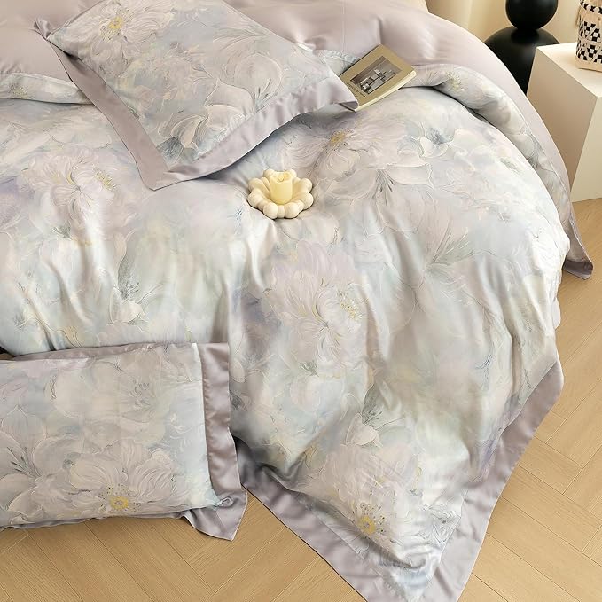 ECOCOTT Bedding 3-Piece Duvet Cover Set Queen Size – Silky Soft 100% Lyocell, Cooling & Breathable for Hot Sleepers, Misty Bloom Floral Pattern, Moisture-Wicking Luxury