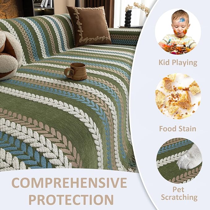 VClife Dog Couch Cover Sofa Covers, Chic Stripe Couch Cover for 3 Cushion Couch, Washable, Non Slip & Wear Resistant, Pet Friendly Sofa Protector Sectional Sofa Couch Slipcover, Green, 71''x134''