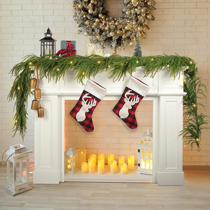 Fovths 1 Pack 6 Feet Christmas Norfolk Garlands Set Artificial Faux Greenery Garland 4 Cow Bell with Jute Hanging Rope Light String Winter Pine Garland for Xmas Indoor Holiday Decor, Green