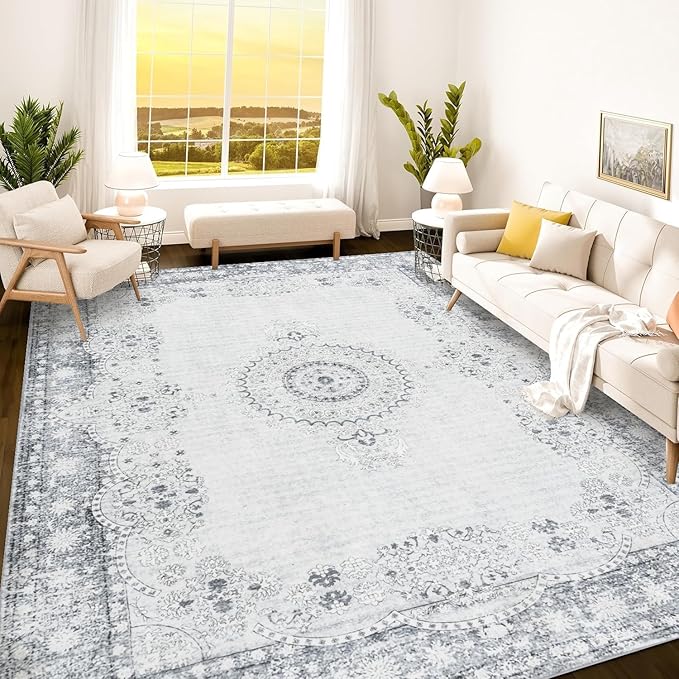 Istana 8x10 Area Rug - Grey/Gold 8x10 Rugs for Living Room - Foldable Rugs for Bedroom - Stain Resistant Washable Rug - Eco-Friendly Area Rugs - Easy to Clean Living Room Rug