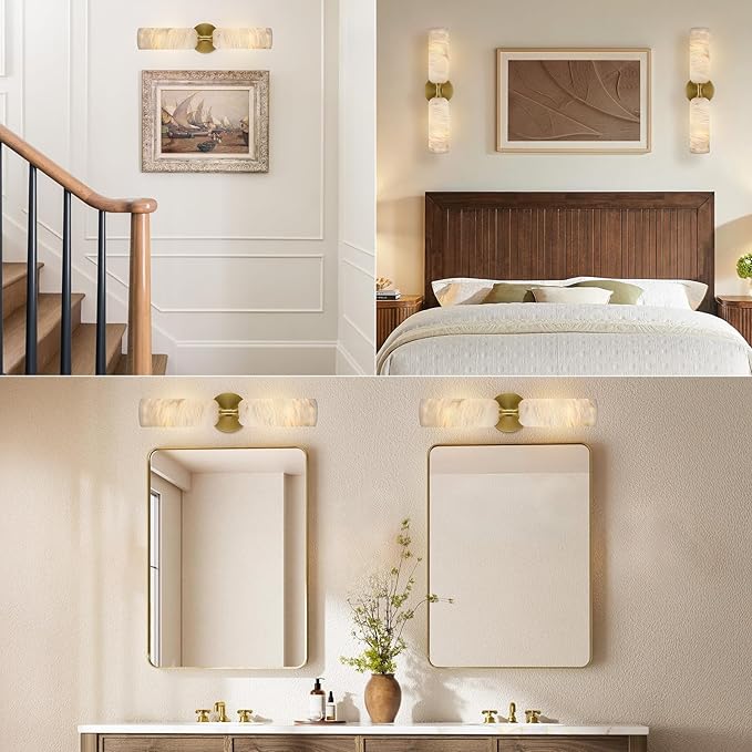 20in Alabaster Wall Sconces Set of Two, Modern Spanish Natural Marble Bathroom Vanity Sconces, Brass Alabaster Sconce Wall Lighting, Gold Wall Light Fixtures Decor for Bedroom Living Room Staircases