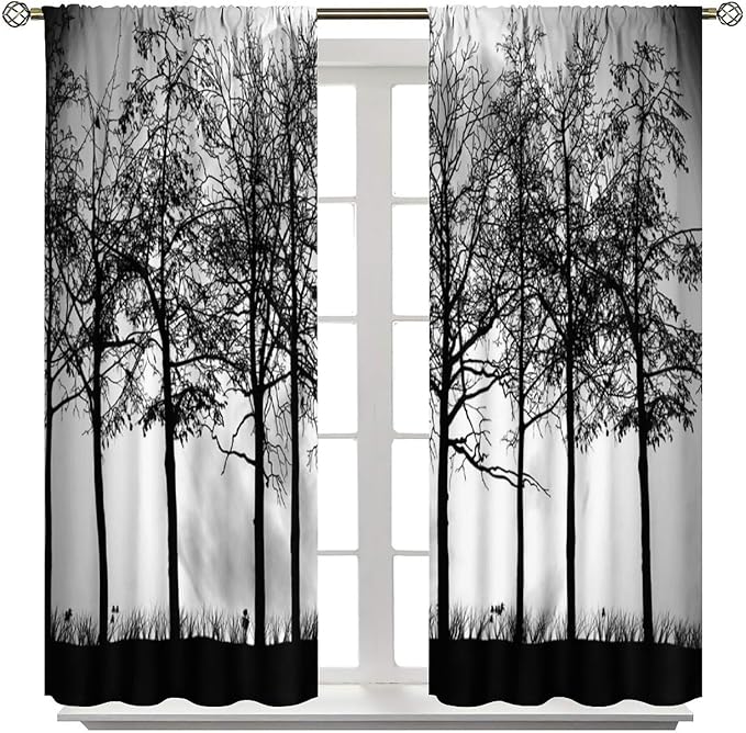 Gothic Forest Blackout Curtains, Black Tree Moon Spooky Foggy Mysterious Retro Window Drapes, for Living Room Bedroom 21(W)*54(L) 2 Panels