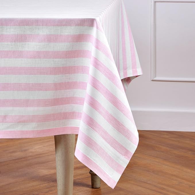 Solino Home Linen Tablecloth 60 x 90 Inch - Sorrento Stripe 100% Pure Linen Pink and White Table Cloth for Rectangle Tables - Machine Washable Tablecloth