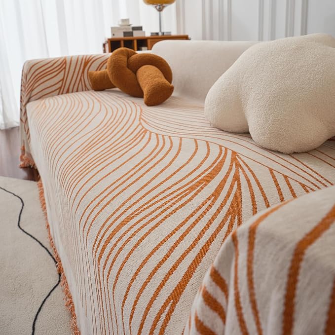 VClife Large Sofa Cover Chenille Couch Cover for 2 Cushion Couch Sofa, Modern Beige Caramel Striped Couch Covers for Kids Washable Sectional Sofa Protector with Tassel 71"X118"