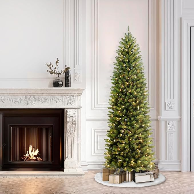 Puleo International 6.5ft Pre-Lit Slim Fraser Fir Christmas Tree with 350 Clear Lights, 1125 Realistic Dense Branch Tips, Easy Setup Artificial Trees with Sturdy Metal Stand