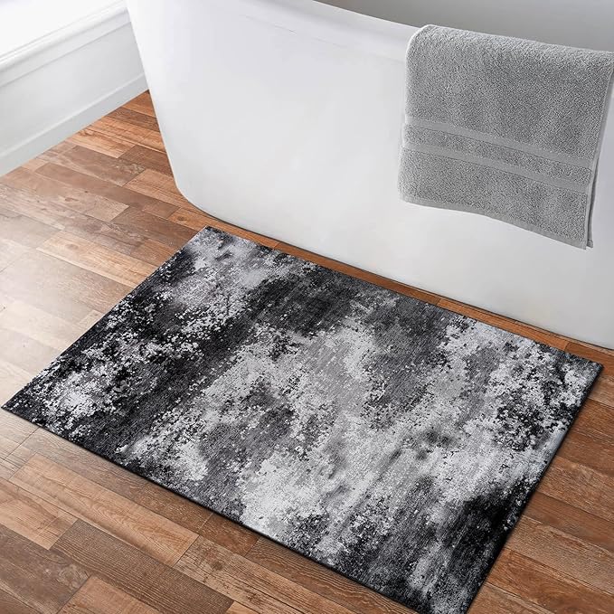 Non Slip Rugs 2x3 Modern Abstract Easy Silk Rubber Backing Soft Entryway Area Rug for Door Mat Easy to Clean Non Shedding Kitchen for Bedroom Indoor Carpet (Gray - Black, 2x3)