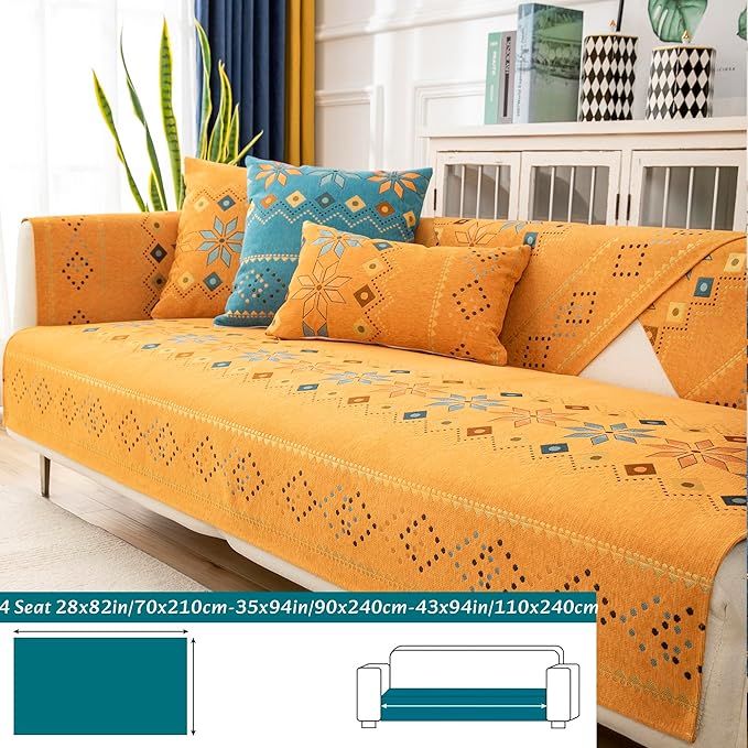 Boho Chenille Couch Covers,Geometric Couch Covers for Sofa,Chenille Couch Cover Non Slip,Sectional l Shaped Sofa Furniture Protector Cover for Home Decor,Orange_4 Seat 28x82in/70x210cm