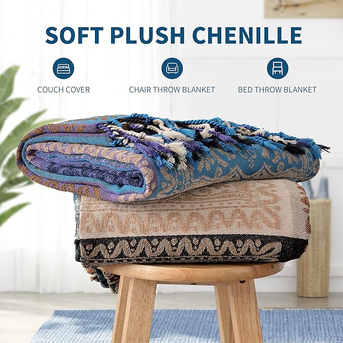 Boho Throw Blanket, Chenille Jacquard Tassels Throw Blankets for Bed Couch Sofa Chair，Bohemian Decor Couch Cover (Purple, Large 86 * 102Inches)