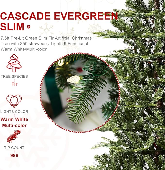 Glitzhome 7.5ft Artificial Prelit Christmas Tree, Cascade Evergreen Slim Christmas Tree with 350 Strawberry Lights,998 PE&PVC Tips, 9 Functional Warm White/Multi-Color, Remote Controller