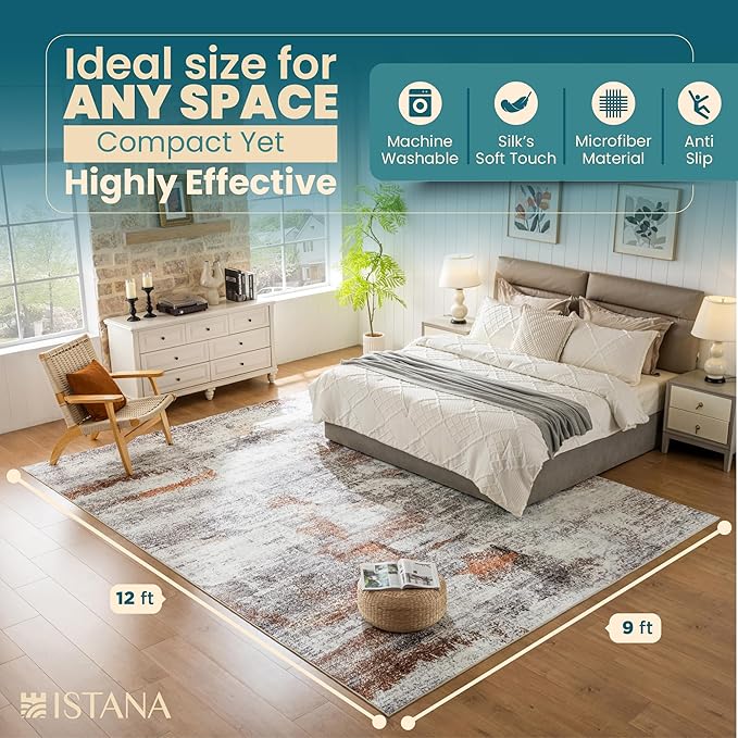 Istana 9x12 Area Rug - Grey Multi 9 x 12 Area Rugs for Living Room - Foldable 9x12 Rugs for Bedroom/Living Room Rug - Stain Resistant Washable Rugs - Eco-Friendly Area Rugs