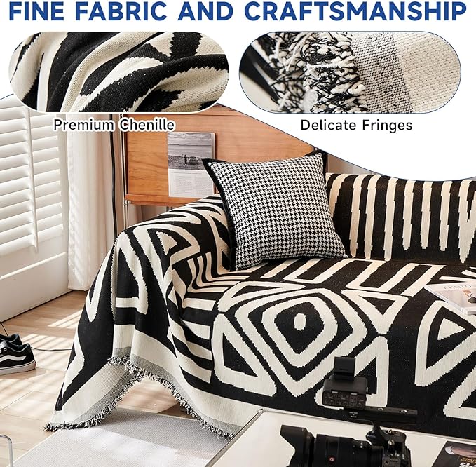 VClife Boho Armchair Couch Cover for 1 Cushion Couch Sofa, Soft Chair Recliner Cover for Recliners Washable, Bohemian White Black Geometric Jacquard Sofa Slipcover Furniture Protector 71"X71"