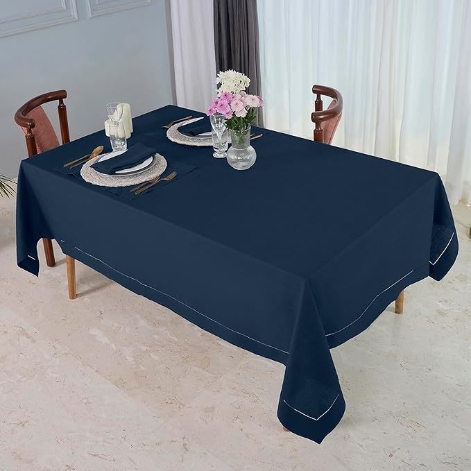 D'Moksha Homes Navy Blue Linen Tablecloth for Rectangle Tables 60 x 90 Inch - 100% Pure Linen Navy Table Cloth - Classic Hemstitch, Machine Washable Tablecloth for Thanksgiving, Holiday