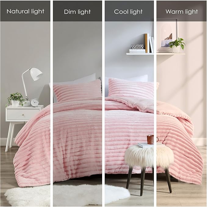 Intelligent Design Twin Comforter Set, Cozy Plush Bedding, Microfiber Reverse, 2 Piece, Lightweight, Super Soft Ribbed Velvet Comforter 1 Sham, All Season Fluffy Bed Set, Avril, Twin/Twin XL Pink