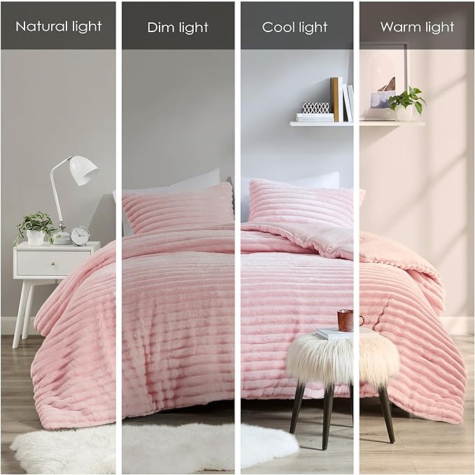 Intelligent Design King Comforter Set, Cozy Plush Bedding, Microfiber Reverse, 3 Piece, Lightweight, Super Soft Ribbed Velvet Comforter 2 Shams, All Season Fluffy Bed Set, Avril, King/Cal King Pink