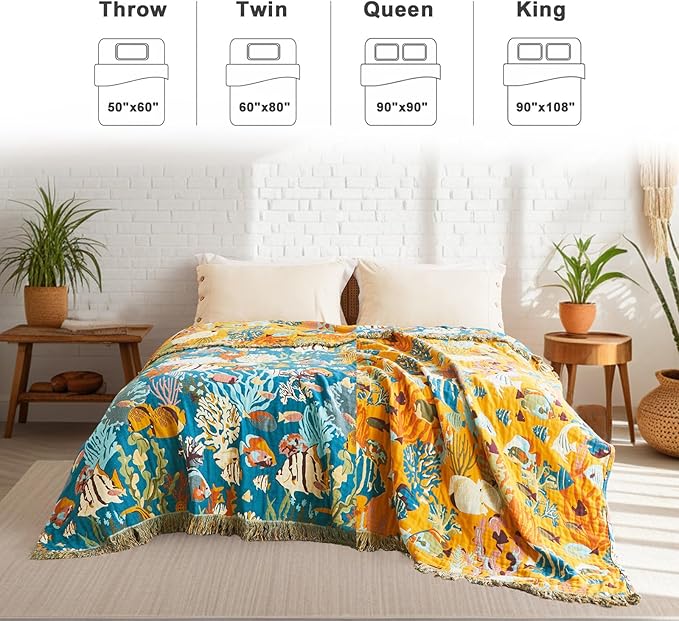 Throw Blanket for Couch Sofa 100% Cotton Blankets for Bedroom Living Room Soft All Season Reversible Underwater Ocean Life Embroidery Throws Coastal Home Decor 50"x60"