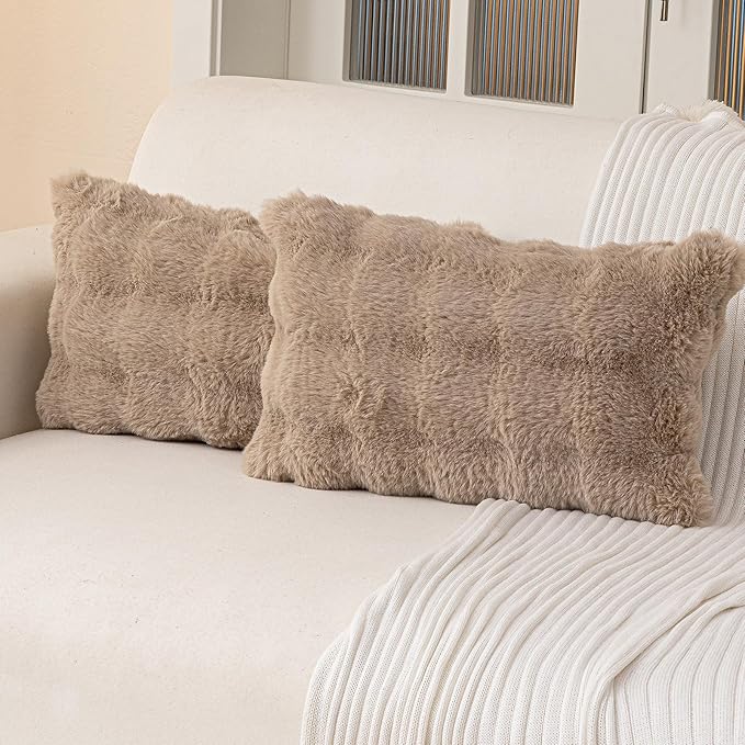 Faux Fur Throw Pillow Covers(Pack of Two, Khaki) 18×20 Inch Decorative Pillows Cover Neutral Soft Chenille Couch Pillows with Zipper Aesthetic for Living Room and Bedroom
