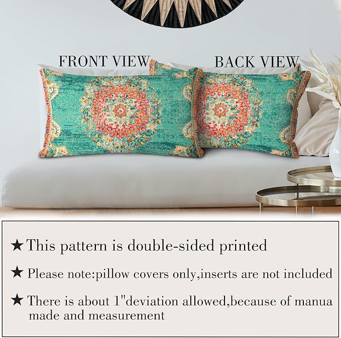 Boho Throw Pillow Covers 12x20 inch Set of 2,Boho Vintage Carpet Pattern Antique Ethnic Decor Double Sided Pattern Cushion Cover Soft Pillow Case Living Sofa Room Bed Square Pillow Cover