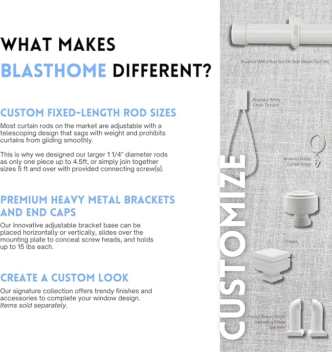 BlastHome® Luxury Curtain Rings - Premium Metal with Quiet, Smooth Nylon Inserts - Pinhooks and Clips Included - 1 1/2" Inside Diameter - 9 Rings for One Standard Curtain - Brushed White