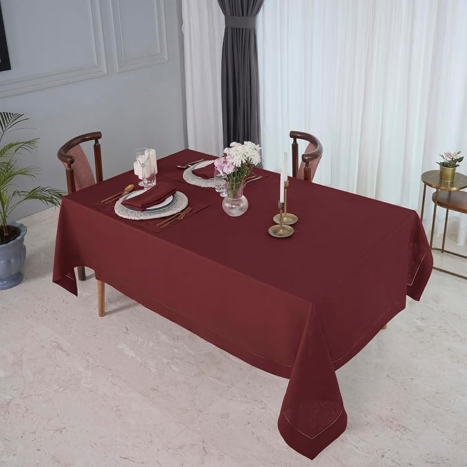 D'Moksha Homes Dark Red Linen Tablecloth 60 x 156 Inch - 100% Pure Linen Red Tablecloth for Rectangle Tables - Classic Hemstitch, Machine Washable Table Cloth for Thanksgiving, Christmas, Holiday