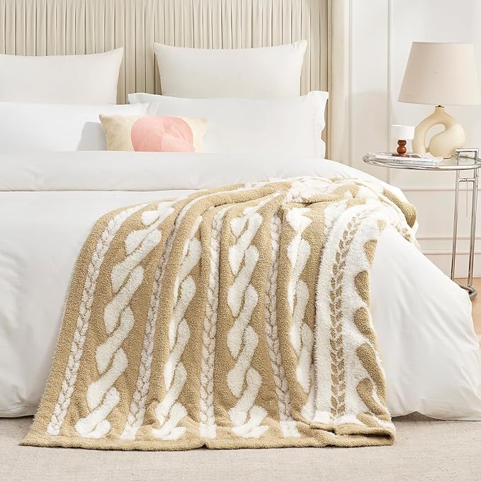 Amélie Home Cable Knit Throw Blanket for Couch, Bicolour Super Soft Fuzzy Blanket for Sofa, Luxury Cozy Fluffy Throw for Room Decor, 50" x 60", Cable Beige & White