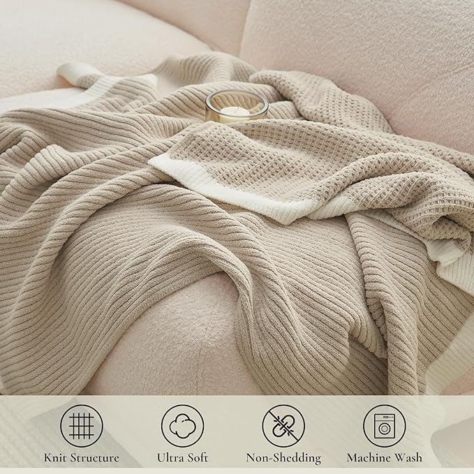 Amélie Home Waffle Blanket Queen Size for Bed, Soft Cozy Chenille Knit Blanket Warm Decorative for Bedroom, 90"x90", Beige