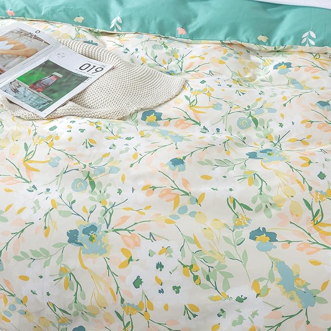 HoneiLife Duvet Cover Queen Size - Cotton Comforter Cover Floral Duvet Cover Sets 3-PC, Wildflower Duvet Cover with Zipper Closure & Corner Ties, Botanical Comforter Cover Sets, Ink-Painting