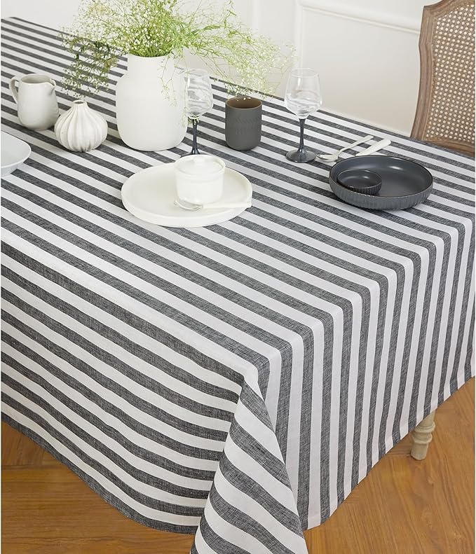 Solino Home Linen Tablecloth 60 x 90 Inch - Sorrento Stripe 100% Pure Linen Black and White Table Cloth for Rectangle Tables - Machine Washable Tablecloth for Fall, Autumn
