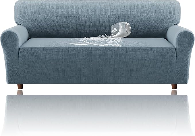 H.VERSAILTEX Jacquard Sofa Slipcover with Waterproof Seat Furniture Protector 1 Piece Stretch Sofa Covers with Elastic Bottom for Kids, Pets, Dog(Sofa L, Stone Blue)