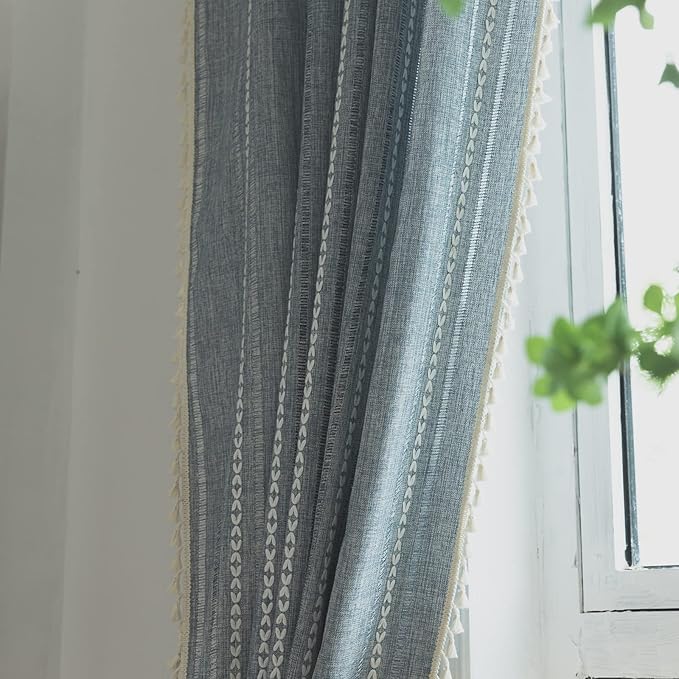 Sutuo Home Boho Curtains Striped Embroidery for Bedroom Living Room Patio, Semi-Blackout Linen French Country Vintage Chic Tassels Hollow Window Treatment Bohemian Drape, 1 Panel 52" W x 108" L, Blue