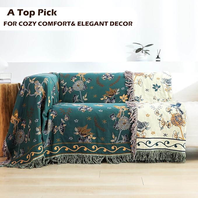 Boho 100% Cotton Large Throw Blanket - All Season Rustic Ultra Soft Breathable Floral Bird Blanket for Bed Sofa Couch Chair Bedspread Quilt Gift, 80" x 90"-Teal/Beige