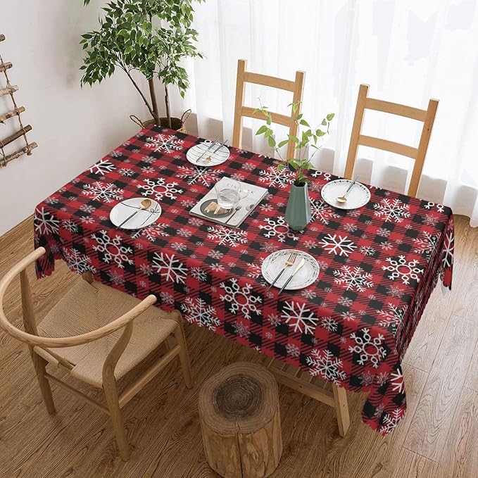 Christmas Plaid Table Cloth for Dining Tables,Reusable Red and Black Buffalo Plaid Snowflake Tablecloths Xmas Decoration Rectangle Table Cover for Winter Holiday,Kitchen,Party,54x72In