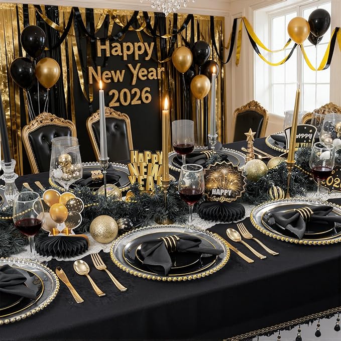 KIRE 350 PCS Plastic Dinnerware Set for 50 Guests - Black and Gold Plates 50 for Dinner 50 for Dessert & 50 Pre Rolled Napkins with Disposable Silverware 50 Cups for New Year/Banquet/Wedding