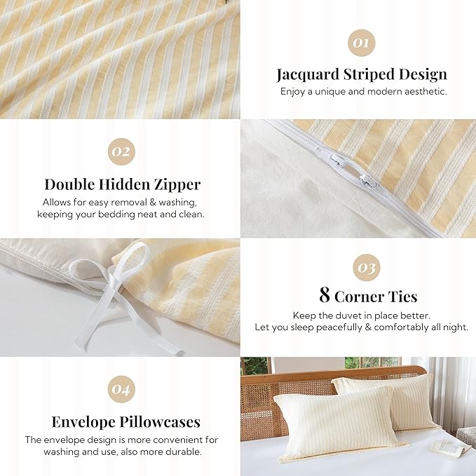 MILDLY Yellow Striped Duvet Cover - 100% Washed Cotton Jacquard Boho Textured Comforter Cover 2pcs with Corner Ties Zipper Closure 68"x90"