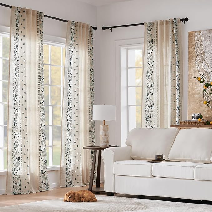 jinchan Winslow Linen Curtains for Bedroom 90 Inches Length Embroidered Bordered Floral Curtains for Living Room Farmhouse Decor Light Filtering Window Treatments Blue on Beige Drapes 2 Panels