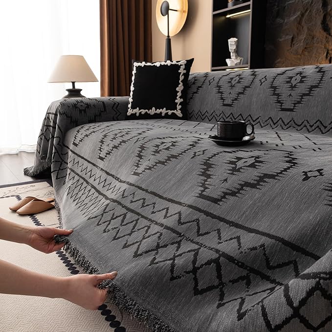 VClife Couch Cover Sofa Cover Washable Sofa Protector, Non Slip Couch Covers for 3 Cushion Couch Sofa Modern Tribal Pattern Sofa Slipcover Dog Furniture Protector, Soft Chenille, Dark Gray, 71"X134"