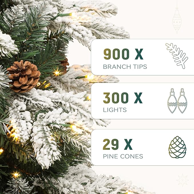 YITAHOME 6FT Prelit Christmas Tree with Remote Control, Hinged Artificial Pre-Decorated Tiered Flocked Christmas Tree w/ 900 PE & PVC Mixed Frosted Tips, 29 Pinecones, w/ 11 Lighting Modes & 3 Timers