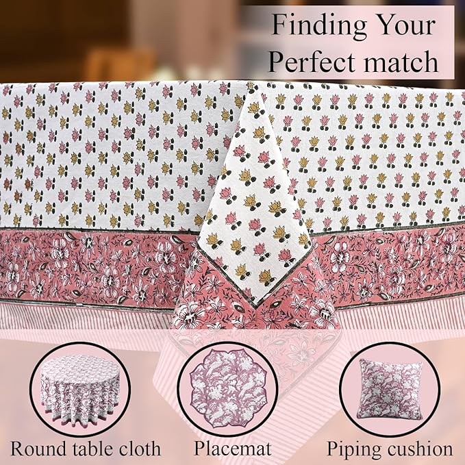 CPC Rosette Bloom Tablecloth 100% Cotton 60x60 Inch Indian Block Print Rectangle Table Cover, Table Cloth for Gifting in Weddings, Halloween, Fall, Christmas, Thanksgiving