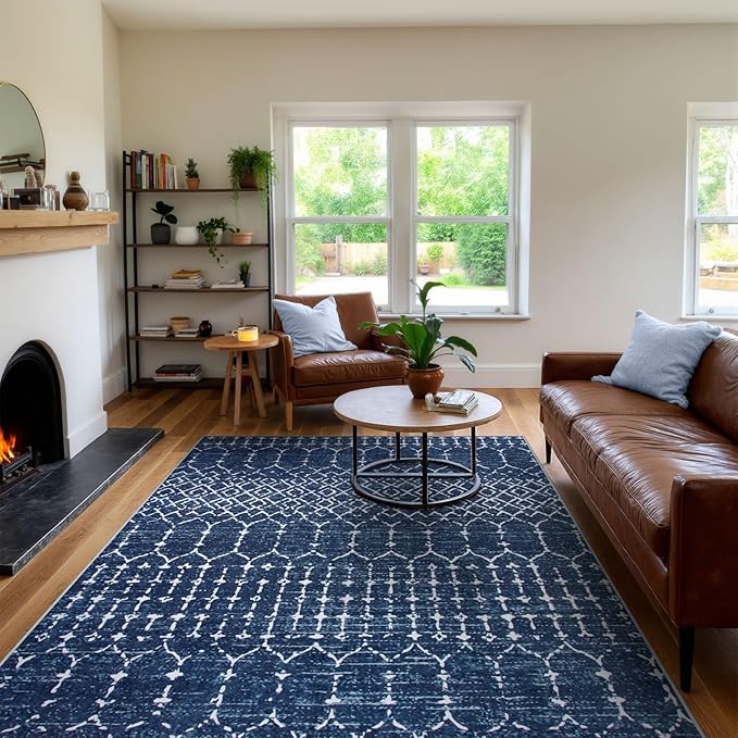 Lahome Moroccan Washable Area Rugs 6x9 - Non-Slip Ultra-Thin Soft Living Room Carpet, Modern Geometric Print Stain Resistant Rug Carpet for Bedroom Dining Room Office, Blue