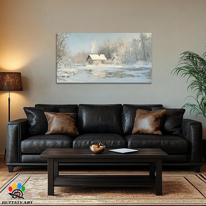 GUTTATY Christmas Winter Scene Canvas Wall Art, Cozy Cabin Snow Landscape Canvas Prints, Tranquil Forest Wall Painting, Serene Winter Pictures Poster for Living Room, Bedroom, Office Decor, 48x24 Inch
