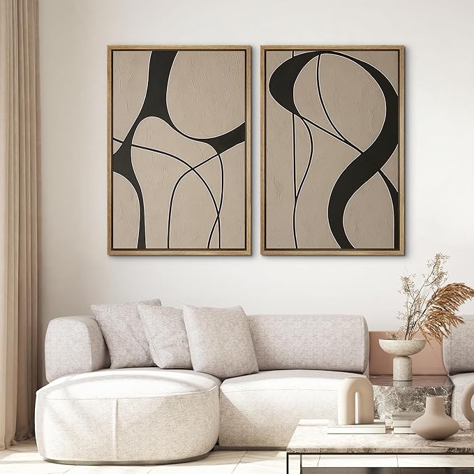 SIGNWIN Framed Canvas Print Wall Art Set Neutral Beige and Black Abstract Line Modern Minimalist Modern Art Minimal Boho Relax/Calm for Living Room, Bedroom, Office - 16"x24"x2 Natural