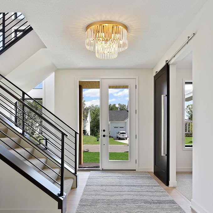 17" Gold Crystal Ceiling Light 9-Light Modern Crystal Light Fixture 2-Tier Luxury K9 Crystal Ceiling Light,for Dining Room Kitchen Island Living Room Bedroom